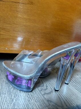 Clear Platform Heels with embedded Purple Flowers